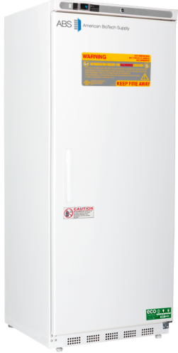 A tall, white laboratory freezer by American BioTech Supply designed as a hazardous location refrigerator, featuring warning and caution labels, a digital display at the top, a vent at the bottom, and an ECO energy sticker on the lower right corner.