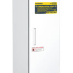 Tall, white laboratory refrigerator with a digital display on top, labeled “American BioTech Supply.” Warning labels indicate flammable material storage and a “Keep Fire Away” sign. A handle runs vertically on the right side of the door.