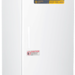 A tall, white laboratory freezer from American BioTech Supply stands upright. The front door features yellow warning labels indicating “Flammable Material—Keep Fire Away” and caution signs, emphasizing safe chemical storage inside. The unit has a solid door and vent at the bottom.