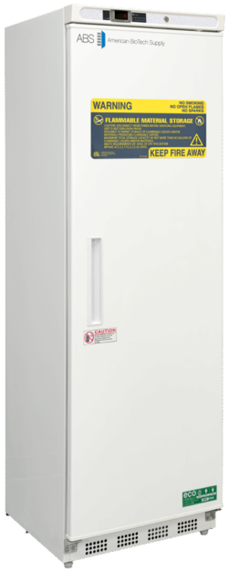 A tall, white laboratory refrigerator labeled “ABS American BioTech Supply” with a digital control panel, a large yellow flammable material warning label, a caution label, and a vertical handle on the front door. Vents are visible at the bottom.