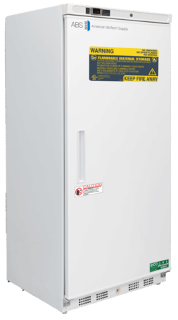 A tall, white, upright laboratory refrigerator with warning labels indicating storage of flammable material. The door has a vertical handle and the top panel displays the American Biotech Supply ABS logo. Vents are visible at the bottom.
