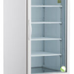 A tall, white commercial refrigerator with a glass door is shown. The unit has four adjustable wire shelves inside and a digital temperature display reading 4.0°C on top. The brand label ABS is visible on the upper left corner of the door frame.