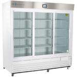 A large commercial refrigerator with three clear sliding glass doors, white frame, and stainless steel top panel. The interior has multiple adjustable shelves, and a digital temperature display shows 4.0°C above the middle door. The base has ventilation grilles.
