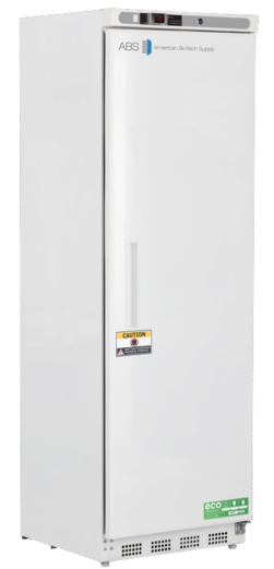 A tall, white, single-door upright freezer labeled ABS American BioTech Supply with a digital display at the top, a “CAUTION” sticker on the door, and a green “eco friendly” label near the bottom front vent.