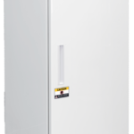 A tall, white, upright laboratory freezer with a solid door. The door has a vertical handle, a caution sticker, and small labels, including “ABS American BioTech Supply” and “ECO.” Vents are visible at the base. The control panel is above the door.