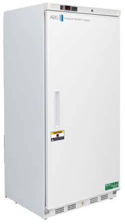 A tall, white, upright laboratory freezer with a solid door. The door has a vertical handle, a caution sticker, and small labels, including “ABS American BioTech Supply” and “ECO.” Vents are visible at the base. The control panel is above the door.