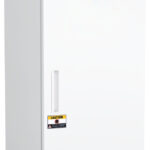 A tall, white laboratory freezer with a digital temperature display on top, labeled ABS American BioTech Supply. The door has a handle, a caution sticker, and a circular green certification mark near the bottom. The surface is clean and unadorned.