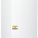 A tall, white upright Hydrocarbon Manual Defrost Freezer from American Biotech Supply ABS stands against a plain background. It features a solid door with a vertical handle, warning label, ABS logo, and energy efficiency sticker near the bottom.