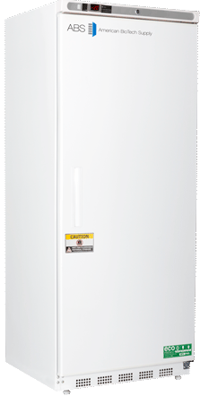 A tall, white upright Hydrocarbon Manual Defrost Freezer from American Biotech Supply ABS stands against a plain background. It features a solid door with a vertical handle, warning label, ABS logo, and energy efficiency sticker near the bottom.