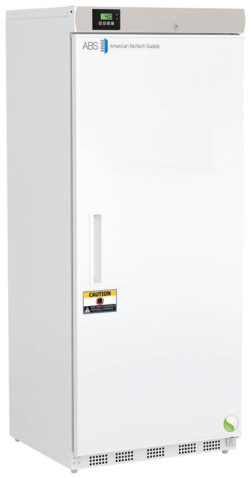 A tall, white, upright laboratory freezer with a digital display on top, the “ABS American BioTech Supply” logo, a solid door with a handle, a caution sticker, and ventilation grilles at the bottom. The unit stands against a plain background.