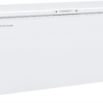 A large, white chest freezer on wheels, branded ABS American BioTech Supply, with a digital control panel, handle, and a green eco-friendly sticker on the upper right. The freezer has a flat lid and a rectangular shape.