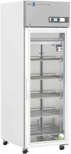 Front view of ABT-HC-PL-23 laboratory refrigerator with glass door and white exterior
