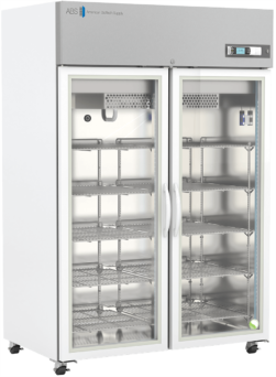 American Biotech Supply ABT-HC-PL-49 plasma freezer with solid insulated door, digital temperature control, and heavy-duty handle, designed for high-volume plasma storage in clinical and laboratory environments.