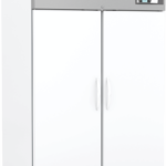 A large, white, double-door ABS Premium Lab Freezer with a gray control panel labeled “ABS American Biotech Supply.” It features curved handles, a digital display, caster wheels, and a green circular logo at the bottom right corner. Ideal as a laboratory freezer.