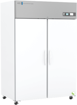 A large, white, double-door ABS Premium Lab Freezer with a gray control panel labeled “ABS American Biotech Supply.” It features curved handles, a digital display, caster wheels, and a green circular logo at the bottom right corner. Ideal as a laboratory freezer.