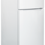 A white, two-door upright refrigerator from American BioTech Supply features a top freezer and bottom fridge section. The door displays company branding, a green energy label, and a yellow caution sticker near the bottom. The fridge stands alone against a plain background.