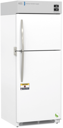 A tall, white, upright laboratory freezer with a digital temperature display on the top right, a vertical silver handle, a caution label on the door, and the American BioTech Supply logo near the top. The freezer stands against a white background.