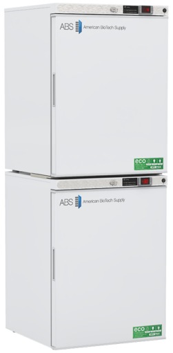 Two stacked white laboratory refrigerators from American BioTech Supply, each with a digital temperature display, green eco-friendly label, and ABS logo. The units have front-opening doors and a simple, clinical design for biotech or medical use.