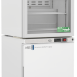 A white American BioTech Supply refrigerator-freezer combo with a glass-door fridge on top showing shelves inside, and a solid-door freezer below. Both units have digital temperature displays and green ECO-friendly labels.