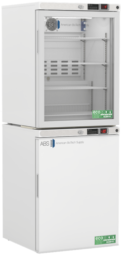 A white American BioTech Supply refrigerator-freezer combo with a glass-door fridge on top showing shelves inside, and a solid-door freezer below. Both units have digital temperature displays and green ECO-friendly labels.