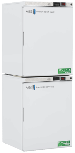 A pair of stacked, white laboratory refrigerators from American BioTech Supply. Each unit has a digital display, handle on the right, and green eco-friendly label on the bottom right of the door. The brand logo appears on the top left of both doors.