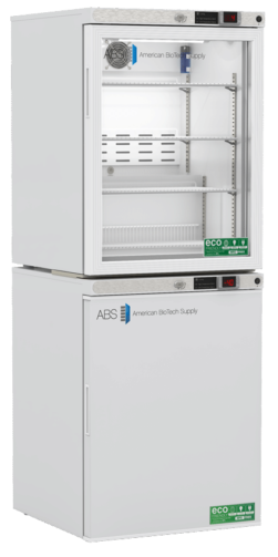 A white, two-section medical refrigerator and freezer unit from American BioTech Supply. The top section has a glass door showing empty shelves; the bottom section is solid with no window. Both sections display temperature readouts and eco-friendly labels.
