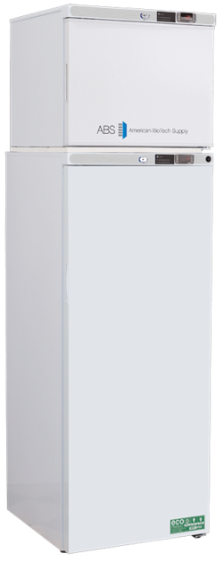 A tall, white, upright laboratory refrigerator-freezer from American BioTech Supply with two compartments; the upper smaller section is a freezer, the larger lower section is a refrigerator. Both have digital displays and handles. The logo and eco-friendly label are visible.