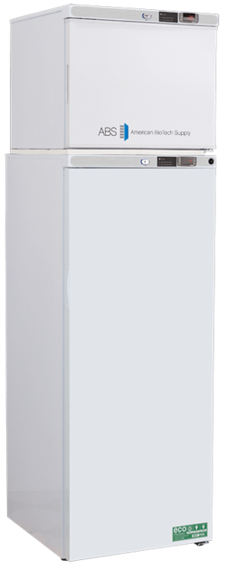 A tall, white laboratory refrigerator and freezer unit from American BioTech Supply. The top compartment is smaller, with a digital display and labeled logo. The larger bottom compartment has a separate door and digital controls. Both sections are plain with minimal markings.