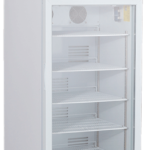 A tall, white, medical refrigerator with a transparent lower door showing six wire shelves and a solid upper freezer compartment labeled “American BioTech Supply.” Digital displays and eco-friendly labels are visible on the front.