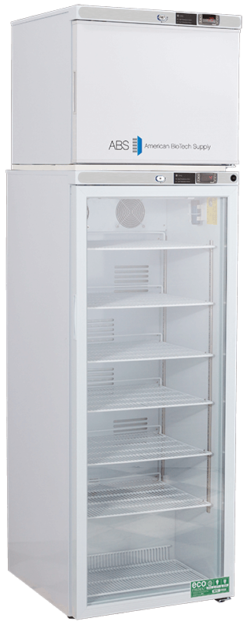 A tall, white, medical refrigerator with a transparent lower door showing six wire shelves and a solid upper freezer compartment labeled “American BioTech Supply.” Digital displays and eco-friendly labels are visible on the front.