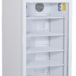 A tall, white laboratory refrigerator with a top freezer compartment. The lower section has a glass door revealing six wire shelves inside, while the freezer has a solid white door. The unit features digital controls and a temperature display.