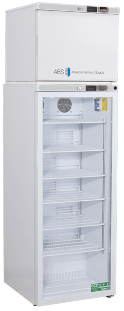 A tall, white laboratory refrigerator with a top freezer compartment. The lower section has a glass door revealing six wire shelves inside, while the freezer has a solid white door. The unit features digital controls and a temperature display.