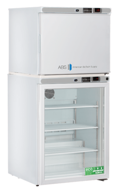 A white, two-compartment laboratory refrigerator from American BioTech Supply. The top freezer compartment has a solid door and control panel; the lower fridge compartment has a clear glass door, digital display, interior fan, and adjustable wire shelves.