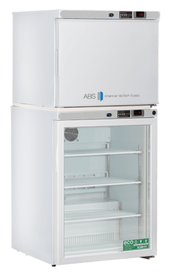 A laboratory refrigerator-freezer combo unit. The top section is a solid-door freezer; the lower section is a glass-door refrigerator with three adjustable wire shelves. Both sections have digital temperature displays. The logo American BioTech Supply is on the refrigerator door.