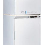 A white, upright Refrigerator Freezer Solid Door Combination unit from American BioTech Supply, stacked with digital temperature displays, left-side door handles, and eco-friendly labels on the bottom unit.