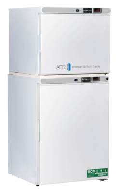 A white, upright Refrigerator Freezer Solid Door Combination unit from American BioTech Supply, stacked with digital temperature displays, left-side door handles, and eco-friendly labels on the bottom unit.
