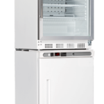 A laboratory refrigerator and freezer unit with a clear glass door on top showing shelves, and a solid white door on the bottom. Both sections have digital temperature displays, vents, and labels, with a green “ECO” sticker on the lower door.
