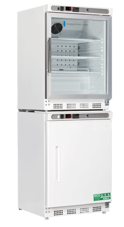 A laboratory refrigerator and freezer unit with a clear glass door on top showing shelves, and a solid white door on the bottom. Both sections have digital temperature displays, vents, and labels, with a green “ECO” sticker on the lower door.