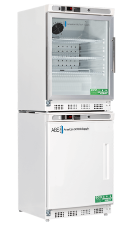 A white, two-compartment laboratory refrigerator-freezer unit with transparent top door and solid bottom door. The top section has shelves and a digital display. Both sections display “American BioTech Supply” branding and eco-friendly labels.
