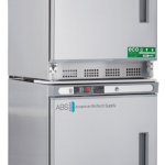 Two stainless steel medical refrigerators by American BioTech Supply are stacked vertically. Each has a rectangular door with a handle, digital display, control panel, and green eco-friendly label on the lower right corner. Both units have vented panels at the bottom.
