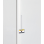 A tall, upright white laboratory freezer with the label “ABS American BioTech Supply” on the door, a vertical handle, digital display at the top, warning caution sticker, and eco-friendly certification near the bottom. The door is closed.