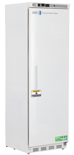 A tall, upright white laboratory freezer with the label “ABS American BioTech Supply” on the door, a vertical handle, digital display at the top, warning caution sticker, and eco-friendly certification near the bottom. The door is closed.