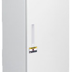A tall, white, upright laboratory freezer with a solid front door. The unit has an ABS American BioTech Supply logo, a caution sticker, a digital control panel at the top, a vertical handle, and venting at the bottom. The door is closed.