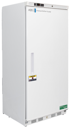 A tall, white, upright laboratory freezer with a solid front door. The unit has an ABS American BioTech Supply logo, a caution sticker, a digital control panel at the top, a vertical handle, and venting at the bottom. The door is closed.
