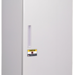 A tall, white upright laboratory freezer by American BioTech Supply with a rectangular handle, digital display, caution sticker, and eco-friendly label. The door is closed, and the freezer stands on adjustable feet.
