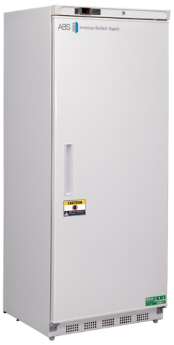 A tall, white upright laboratory freezer by American BioTech Supply with a rectangular handle, digital display, caution sticker, and eco-friendly label. The door is closed, and the freezer stands on adjustable feet.