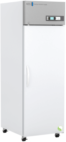 A tall, upright laboratory freezer from American Biotech Supply features a gray control panel with digital temperature readout, a long white door, silver handle, four caster wheels for mobility, and delivers reliability found in premium lab refrigerators.