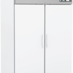 A large, white, double-door laboratory refrigerator with handles on each door, a digital control panel on the upper right, and the American Biotech Supply logo on the top left. The refrigerator stands on casters for mobility.