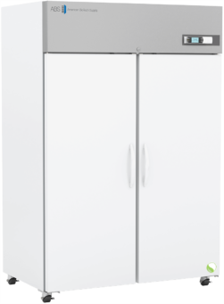 A large, white, double-door laboratory refrigerator with handles on each door, a digital control panel on the upper right, and the American Biotech Supply logo on the top left. The refrigerator stands on casters for mobility.