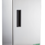 A tall, stainless steel laboratory freezer with a single door, a vertical handle, and a digital control panel on top. The front displays the American Biotech Supply logo. The freezer has ventilation grilles at the bottom and sits on four caster wheels.